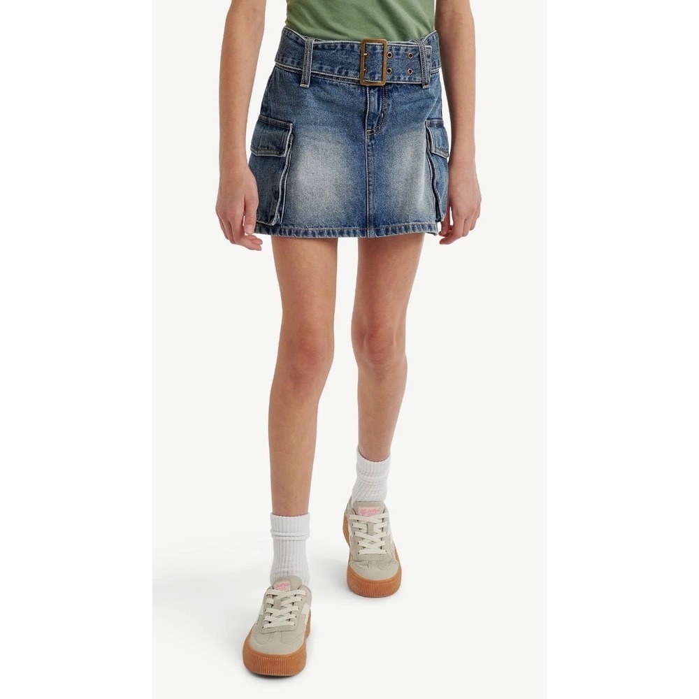 Justice Girls Denim Cargo Skort with Belt Blue Wash Utility Skirt Size 7 NWT